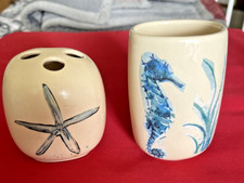 2 PC BATHROOM SET, TOOTHBRUSH HOLDER, CUP, BEACHY-HANDPAINTED, DECOUPAGED DUO