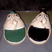 X2 Lot Vintage Decker Funny Face Ceramic Toothbrush, Soap Holder Gold Tooth RARE