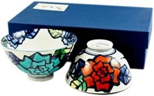 Pair Arita yaki porcelain Japanese Rice bowl Gohan Chawan Handdraw Rose Red Blue