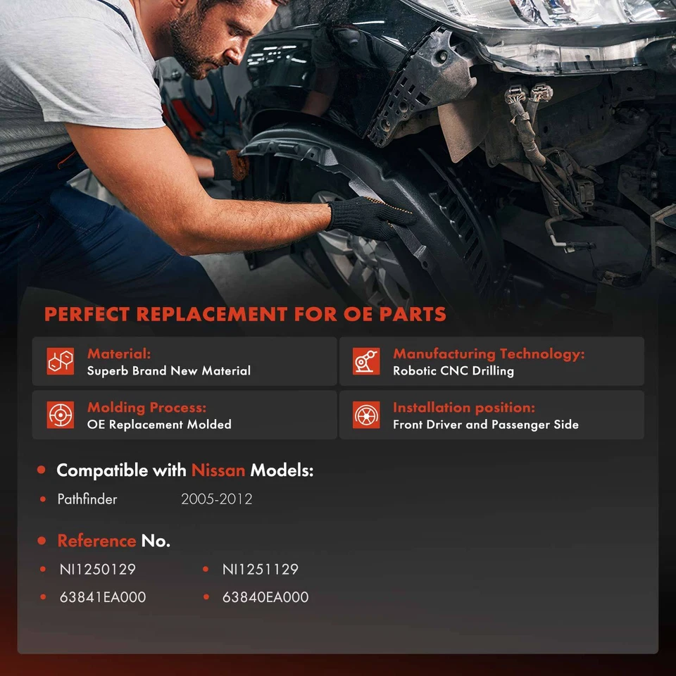 2x Forros de para-lama internos frontais moldagem por injeção PEBDL para Nissan Pathfinder 05-12 - Imagem 2 de 4