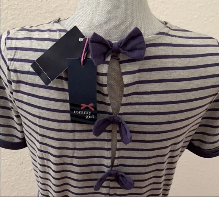 Vestido Tommy Niña Hilfiger Niñas Talla Mediana M Nuevo Con Etiquetas Azul Rayas Gris Lazos Foto 3 de 4