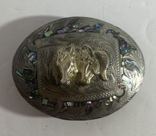 MEXICAN ALPACA SILVER RAISED HORSE BELT BUCKLE W/ ABALONE INLAY HANDCRAFTED 3OZ
