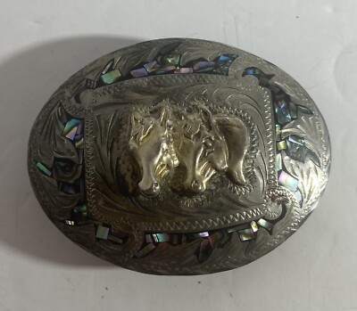 Vintage Alpaca Mexico Abalone Inlay Belt Buckle, 3.5\