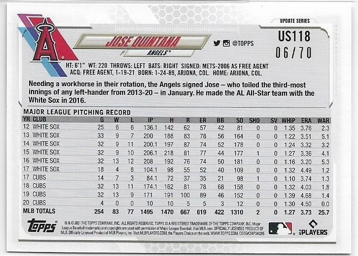 2021 Topps Update Jose Quintana #US118 Black Border Parallel #'d /70 Angels - Image 2 of 2