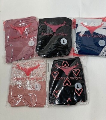 Knotty Knickers Set 5 Panties Large Blue Pink Black Hearts Tan Mixed (2215)