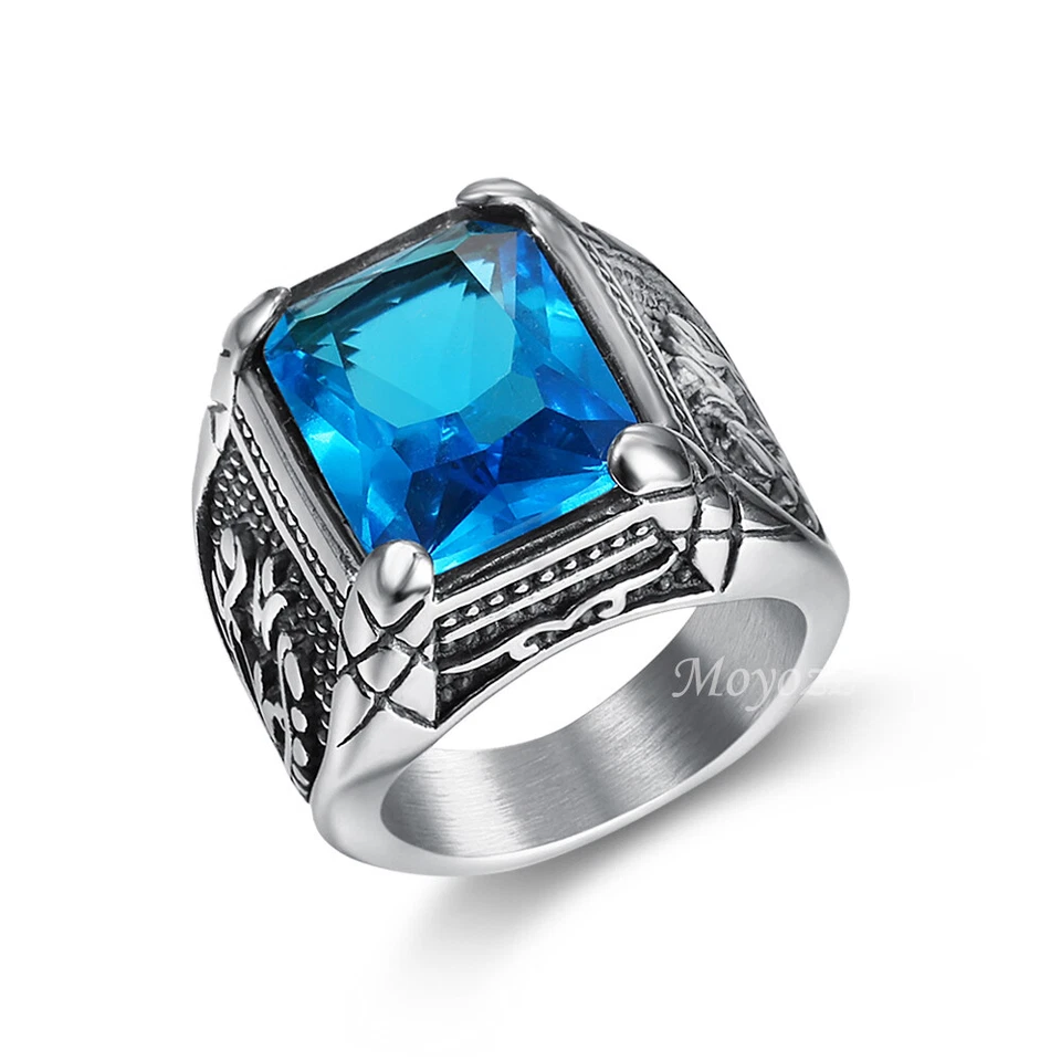 Anillo de piedra de zafiro ónix simulado circonita cúbica azul para hombre de acero inoxidable talla 7-15 regalo Foto 4 de 4