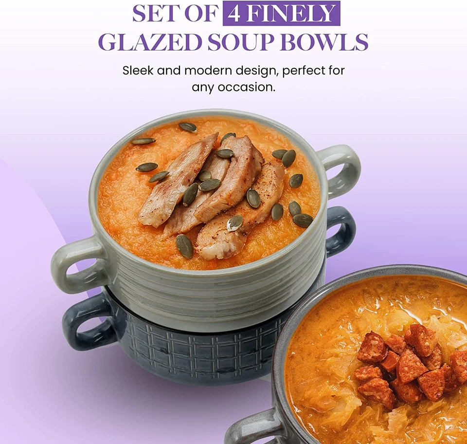 American Atelier Soup Bowls with Handles | Set of 4 Dishwasher & Oven Safe - Image 4 of 4