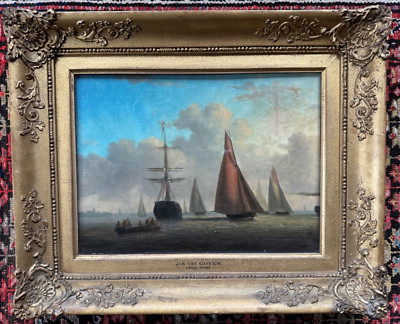 Antique Dutch Old Master Marine Oil Painting Of Ships Jan Van Goyen 1596-1656