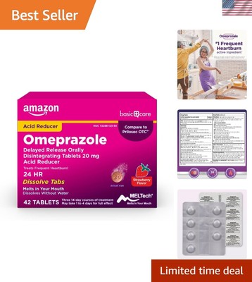 24-Hour Omeprazole Strawberry Tablets 20mg - Dissolves Quickly, 42 Count