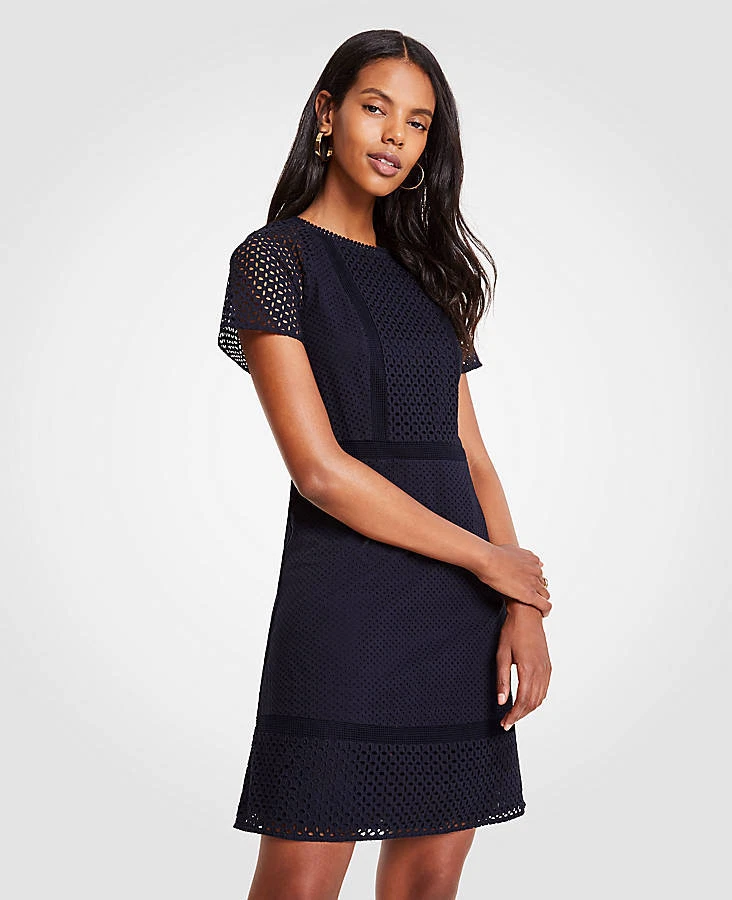 Ann Taylor Petite 8P Night Sky Blue Mixed Eyelet Shift Dress