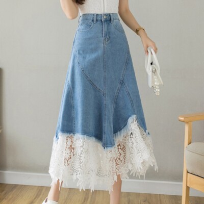Women Lace Trim Denim Skirt Floral Patchwork Fishtail Half Dress