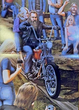 David Mann Poster Man and Woman Riding Motorcyle Among Group of Friends