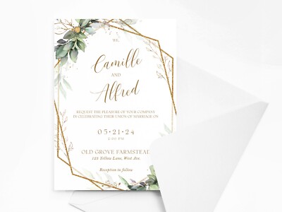 Personalisierte Salbei Blätter und Gold Ornamente Hochzeitseinladungen mit Umschlägen