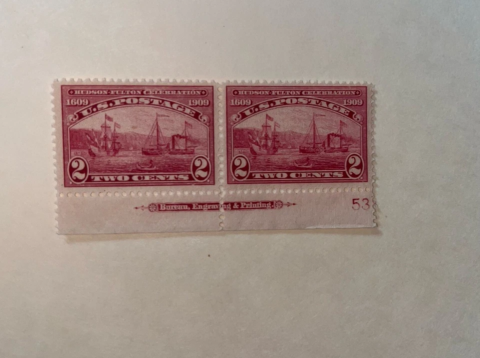 US #372 2c HUDSON FULTON CELEBRATION 1909 PAIR OG + MARGIN 2 CENT VIBRANT - Image 3 of 4