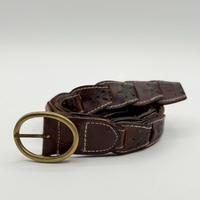 Vintage Brown Boho Leather Tooled Belt White Stitching Brass Buckle 32"