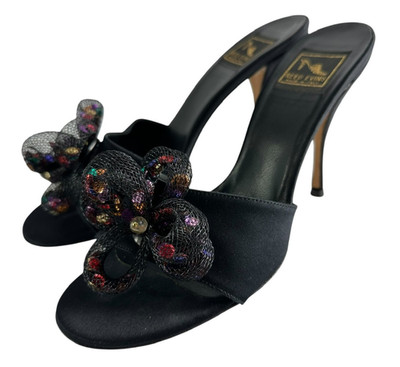 REED EVINS Black  With Decorative Mesh Flower Mules Shoes Made In Italy 38 8