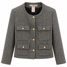 H M Womens L Gray Herringbone Wool Blend Cropped Blazer Gold Button Tweed Jacket
