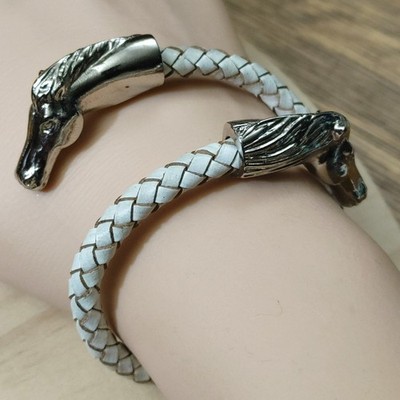Horse Head Cuff Bracelet Equestrian Braided Leatherette Silver Tone Adjustable