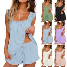 Womens Ruffle Crop Top Shorts Co Ord Set Summer Casual Outfit UK
