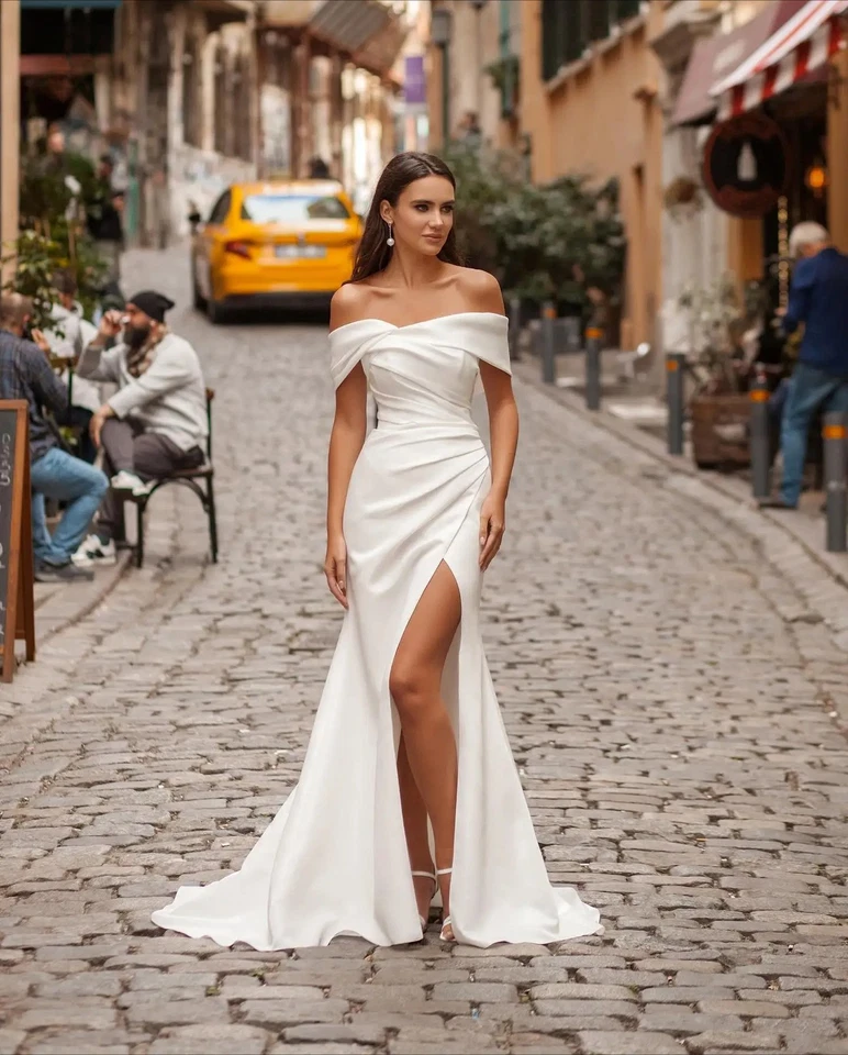 Satin Off  Shoulder Mermaid Wedding Dress Side Slit Detachable Train Bride Grown - Image 3 of 4