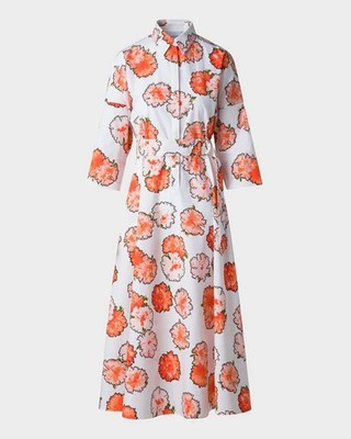 Akris Punto Carnation Print Belted Midi Shirt Dress in White/Orange sz 12
