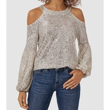 NEW CECE Women's Silver Sequin Cold Shoulder Blouson Sleeve Blouse Top XS