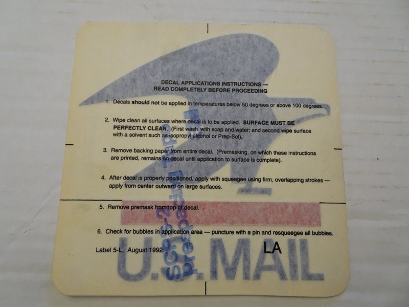 USPS Mail Vehicle - Truck Decal - Vintage - Label 5-L, August 1992 - LA - New