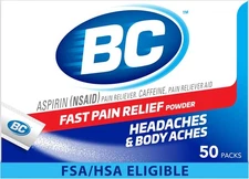 BC Powder Original Strength Pain Reliever, Aspirin Dissolve Packs, 50 Count