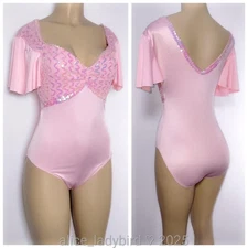 Bubblegum PINK Vintage SILKY Leotard BODYSUIT Stretch SATIN Sequin Sleeve Dancer