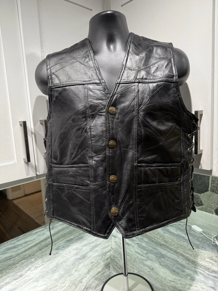 Chaleco de Cuero Negro Vintage Buffalo Níquel Botones Premium Motociclista Chaleco de Equitación M Foto 2 de 4