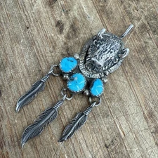 Sterling Silver Native American Bison Buffalo Turquoise Feather Pendant