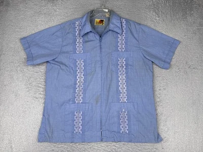 Haband Shirt Mens L Blue Short Sleeve Guayabera Zip Front Embroidered Tropical - Image 1 of 4