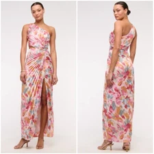 Abercrombie & Fitch Giselle Pleated One Shoulder Maxi Dress M Cutout Pink Floral