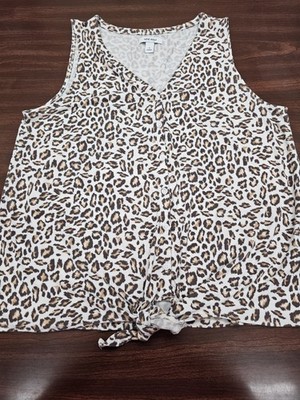 Nine West Leopard Print Tank Toop Women's Large Button Front Tie Hem Sleeveless