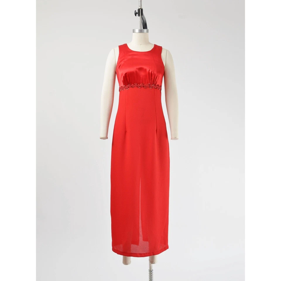 Vestido maxi festa formal vintage anos 90 cetim vermelho império cintura aberta costas XS P  - Imagem 2 de 4