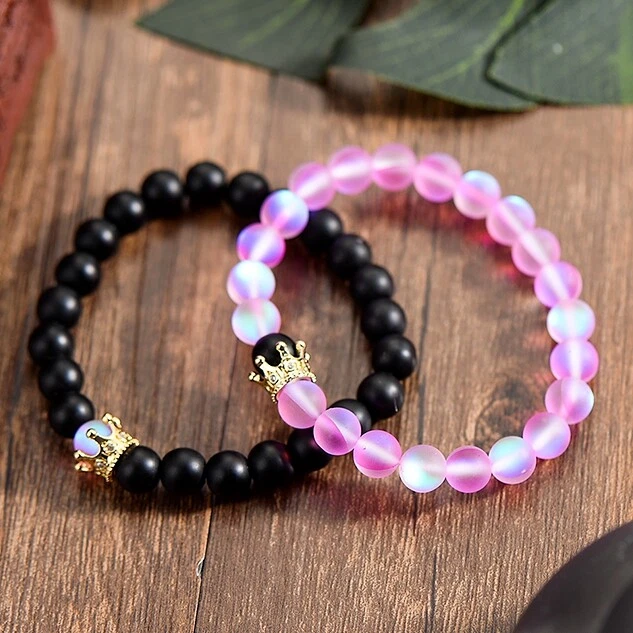 Distance Couple Bracelet with CZ Crown King Queen Black Matte