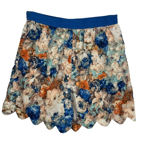 UMGEE Womens High Waisted Floral Scalloped Shorts Size Small Blue Orange Pull On - Picture 2 of 6