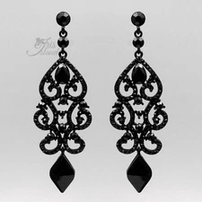 Chandelier Drop Dangle Earrings Black Jet Crystal Rhinestone Wedding Prom 07971
