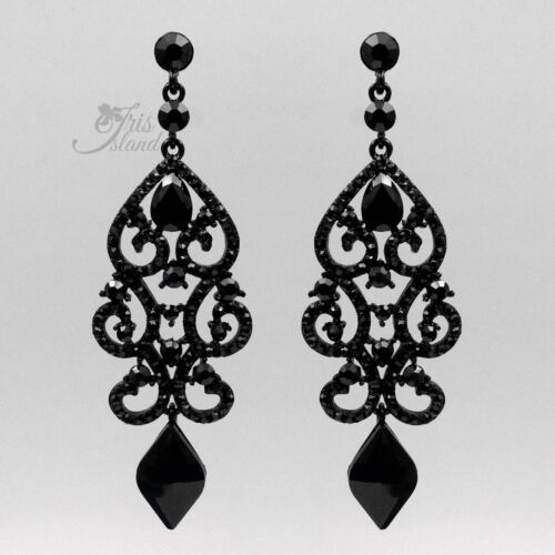 Black Jet Crystal Rhinestone Wedding Chandelier Drop Dangle Earrings Prom 07971 - Afbeelding 1 van 4