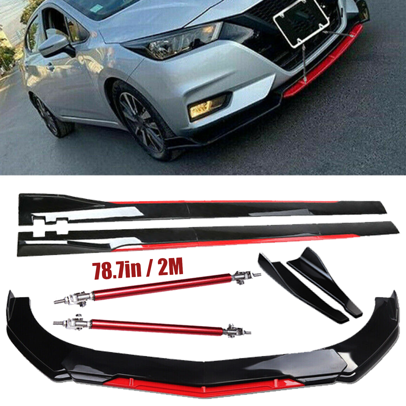Front Bumper Lip Splitter Spoiler Side Skirts Glossy Black For Nissan Sentra