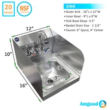12 X 16 Wall Mounted Hand Sink with Gooseneck Faucet and Side Splash