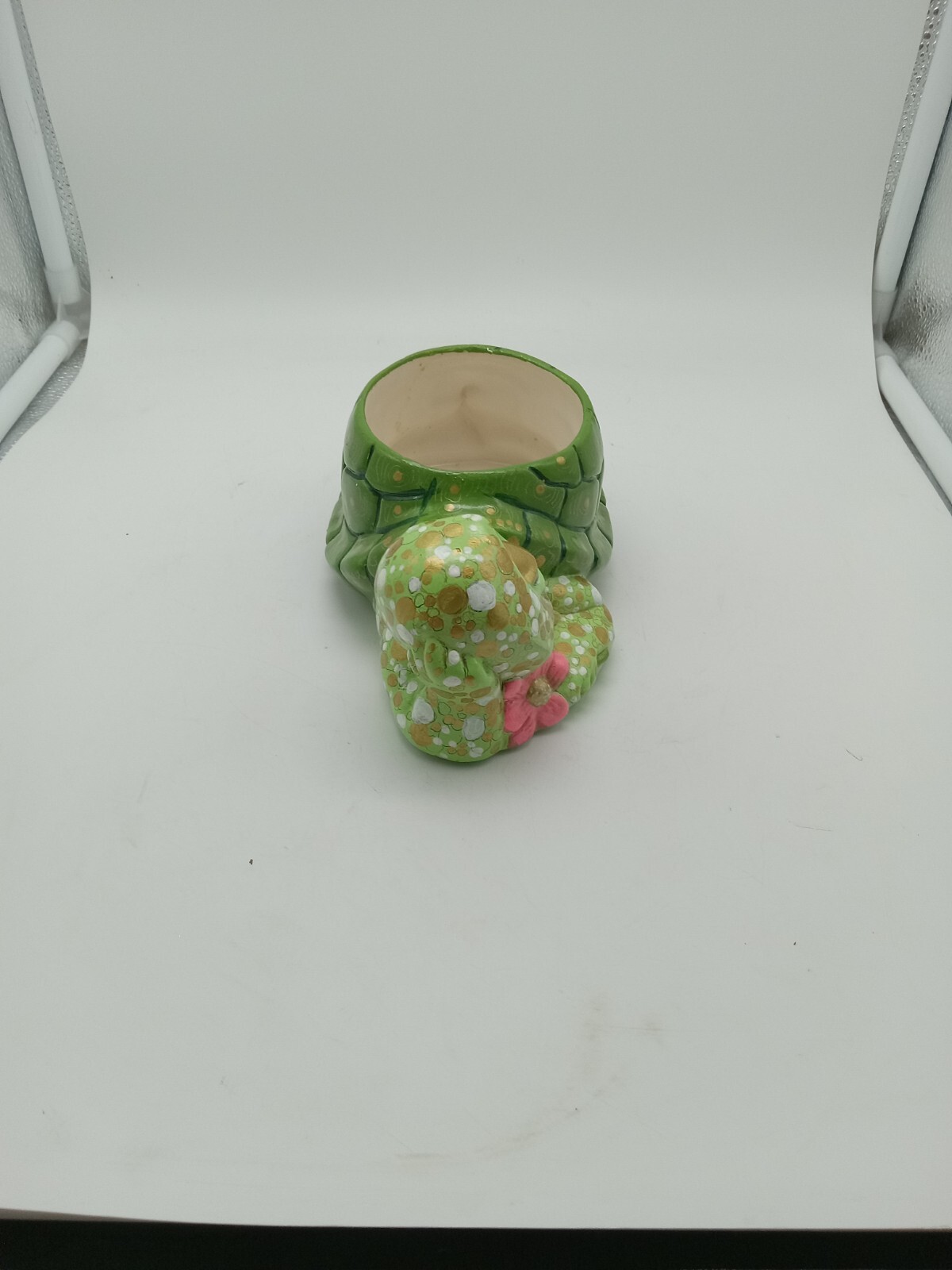 Turtle Planter Retro Kitschy Hand Painted Gold Accents Pink Flower