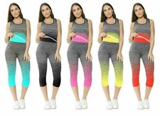 New Ladies Gym 2PCS 3/4 Crop Leggings Vest Top Set Sports Zone UK Size 8-14