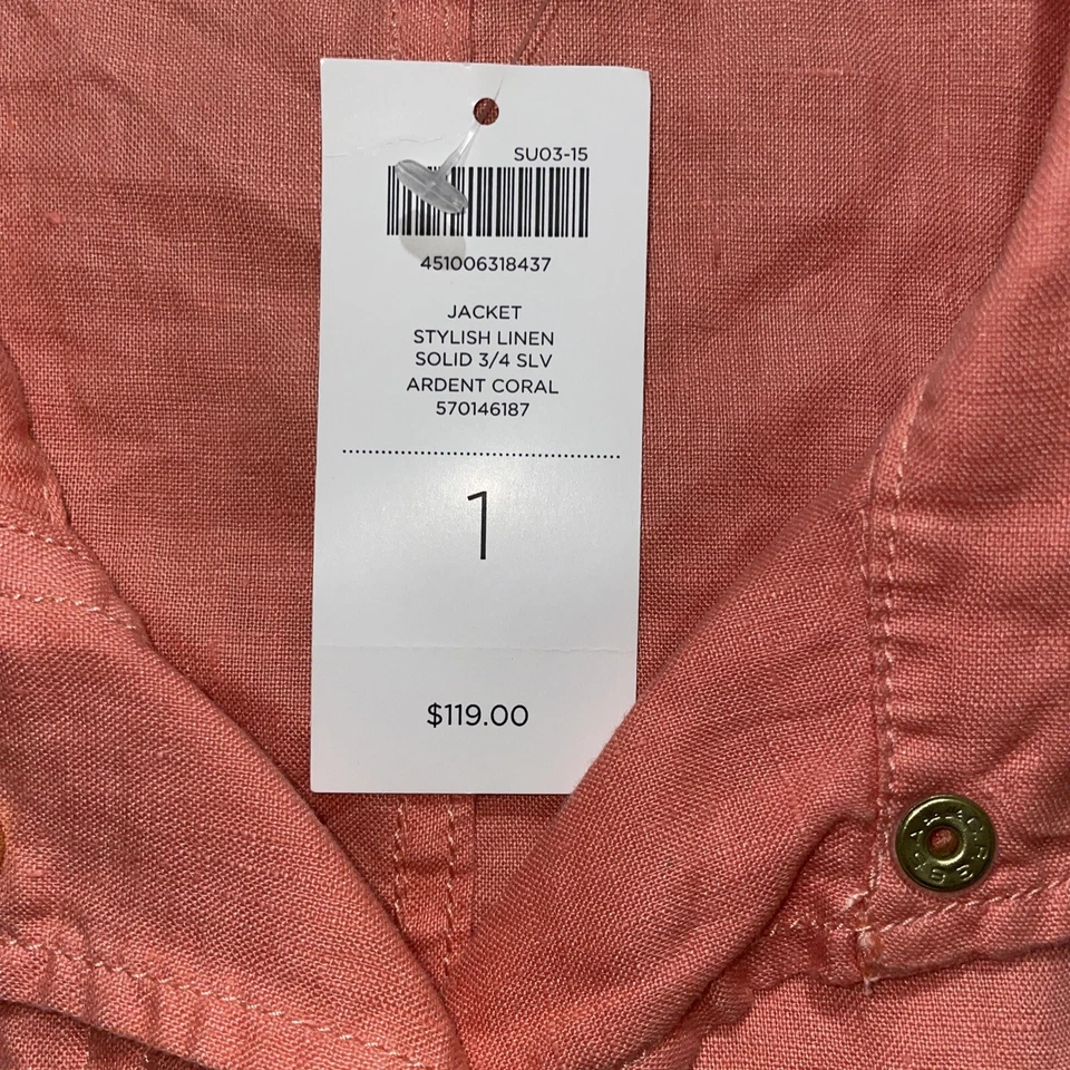 Chicos 3/4 Sleeve Button Down Front Zipper Pockets Linen Jacket Sz 1 Barbiecore - Image 4 of 4