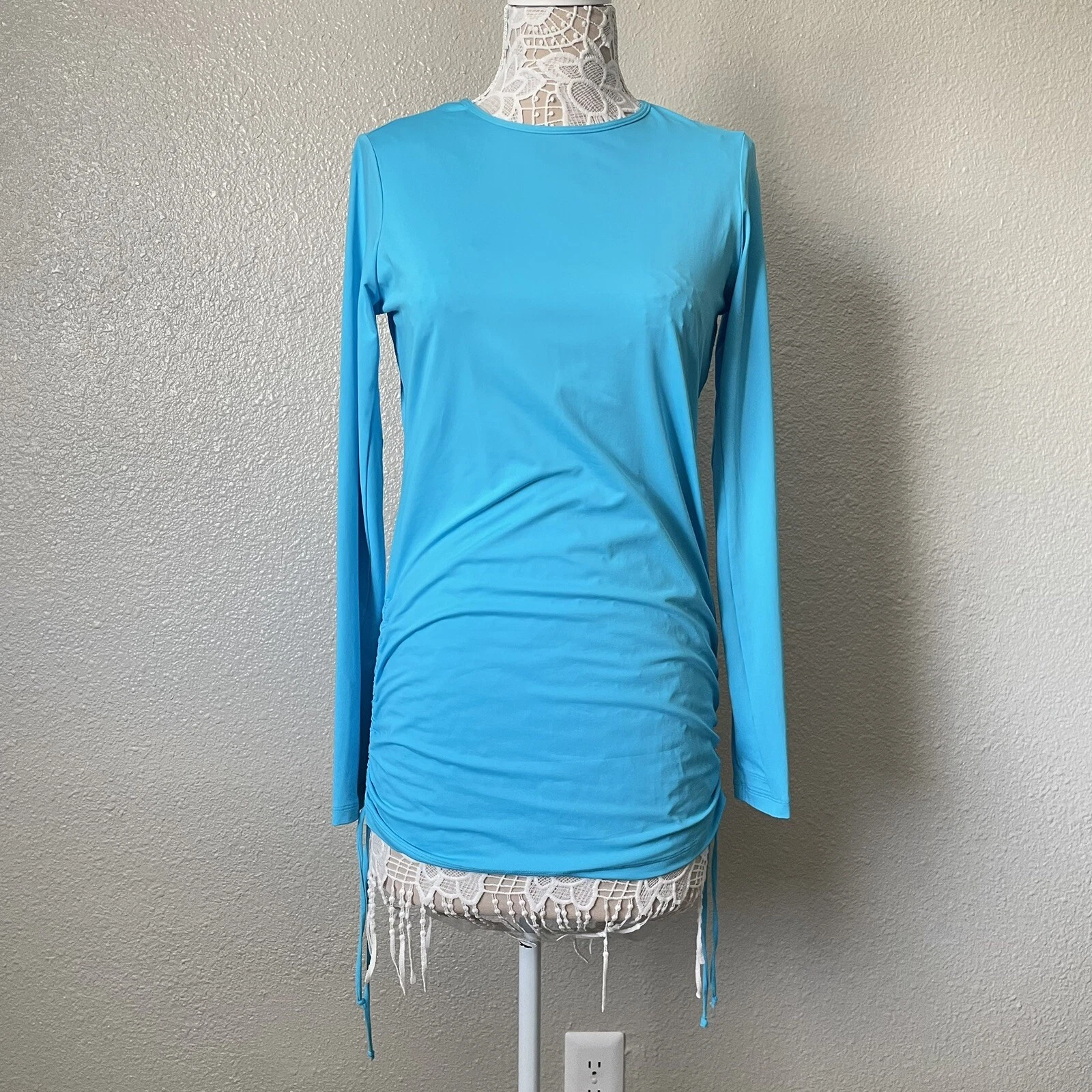Lands End Size Small Turquoise Ruched Cover Up Swim Tunic Resort Rash Guard