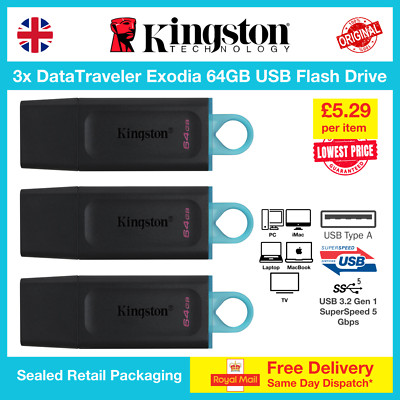 3x Kingston DataTraveler Exodia 64GB Memory Stick USB 3.2 Flash Drive