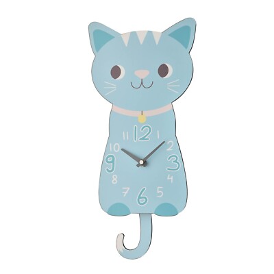 NIEDLICHE BLAUE KATZE / KÄTZCHENKINDER / KÜCHENWANDUHR MIT PENDEL. NEU & VERPACKT.