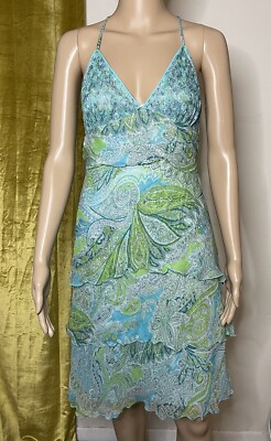VINTAGE ZARA Helena Sorel DRESS France SILK Blue Paisley Layer Crochet Bra SZ 12