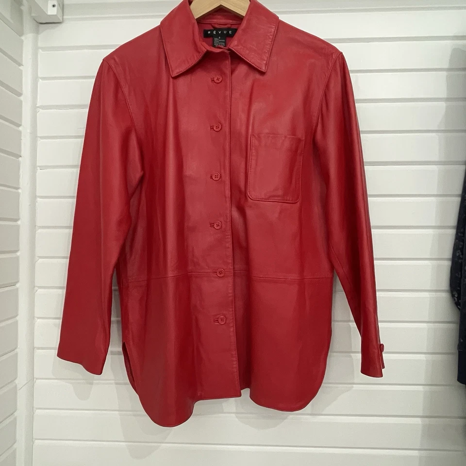 Vintage Revue Red Leather Button Front Jacket Women's Size 6 Pocket Lined Supple - Image 2 of 4