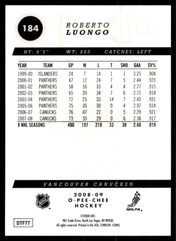2008-09 O-Pee-Chee Rainbow Roberto Luongo Vancouver Canucks #184 - Image 2 of 2
